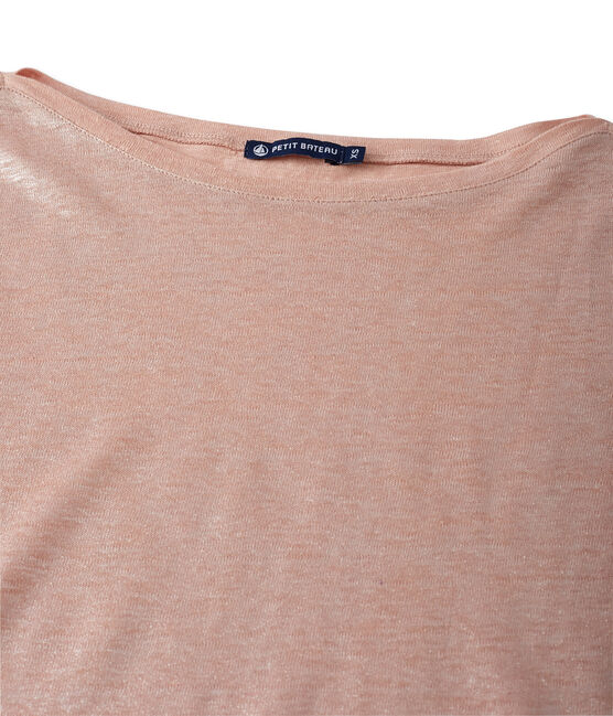 Dames T-shirt met lange mouwen in gelakt linnen roze ROSE/grijs ARGENT