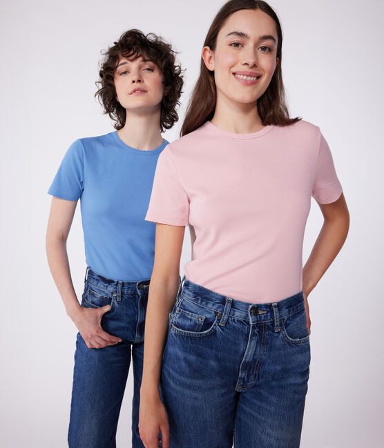 L'Iconique, effen katoenen T-shirt met kartelrandje voor dames blauw ALASKA