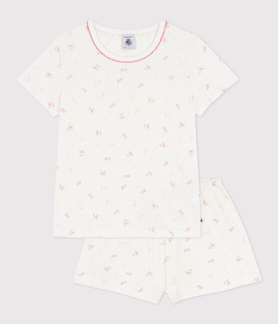 Korte kinderpyjama van ajourkatoen met bloemenprint wit MARSHMALLOW/wit MULTICO