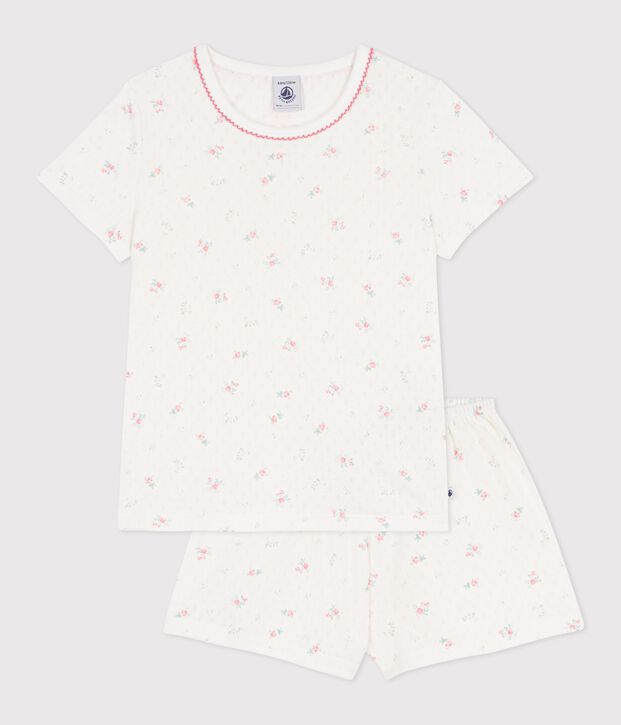 Korte kinderpyjama van ajourkatoen met bloemenprint wit/multicouleur