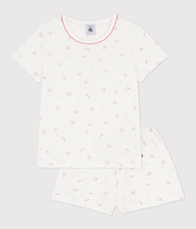 Korte kinderpyjama van ajourkatoen met bloemenprint wit/multicouleur