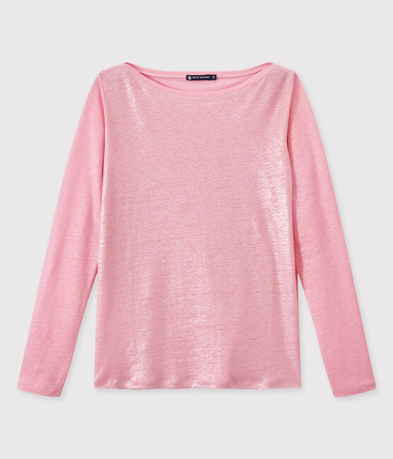T-shirt femme manches longues en lin irisé rose BABYLONE/gris ARGENT