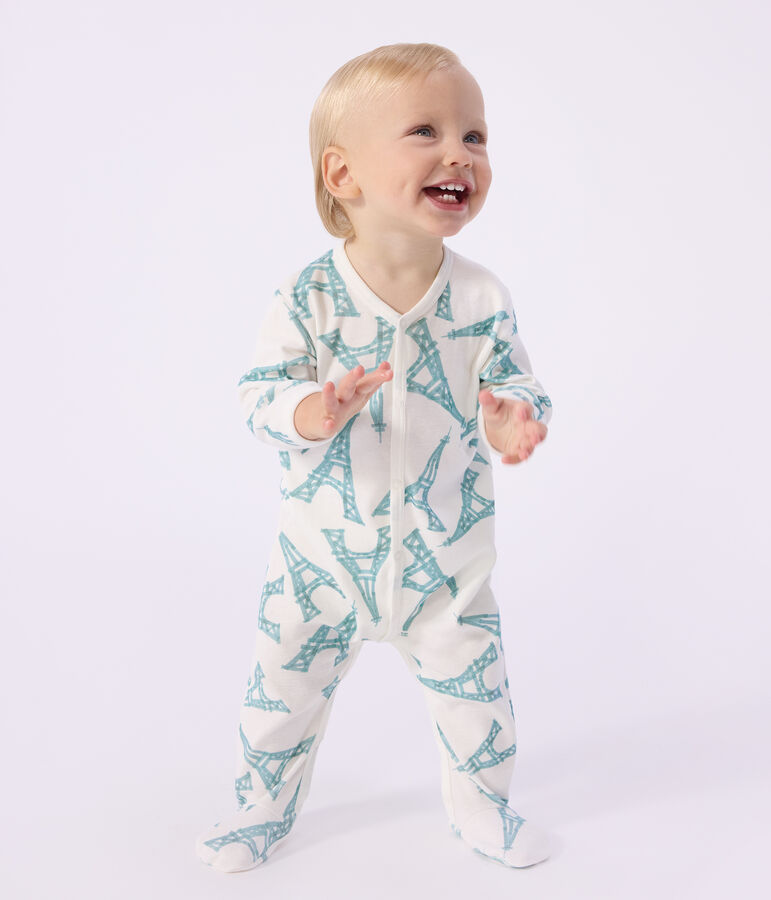 Katoenen babypyjama met Eiffeltorenprint wit/groen