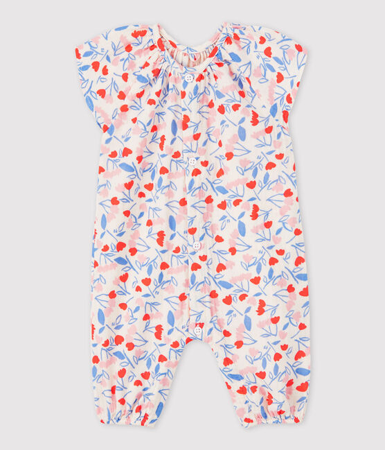 Lange gebloemde jumpsuit voor babymeisjes in luierstof van biologisch katoen roze FLEUR/wit MULTICO