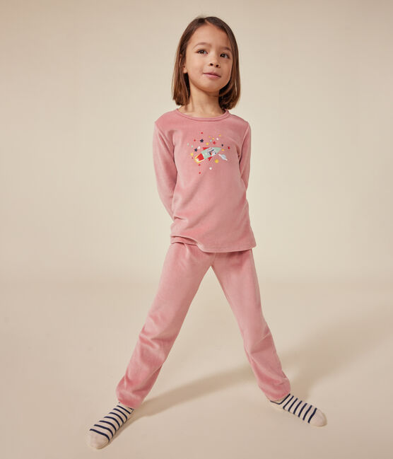 Effen kinderpyjama van velours roze ROSEWOOD