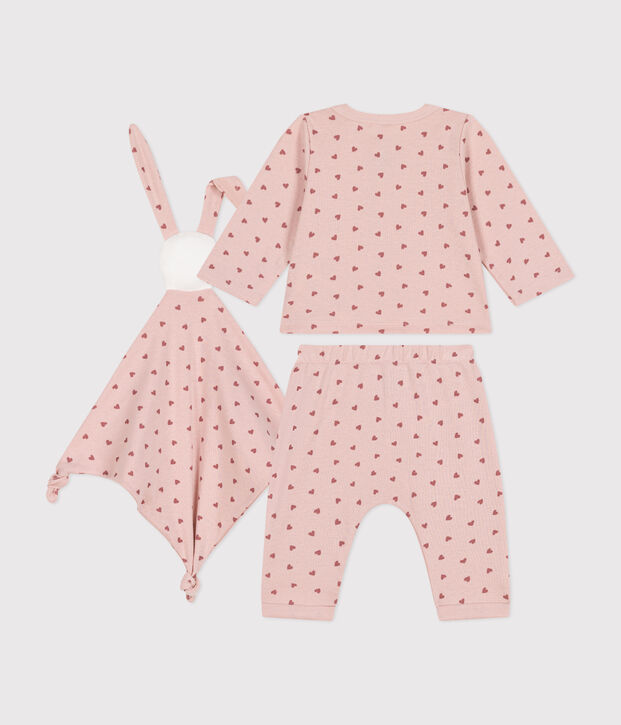 Ensemble coffret cardigan, pantalon et doudou en coton b&eacute;b&eacute; rose/rose