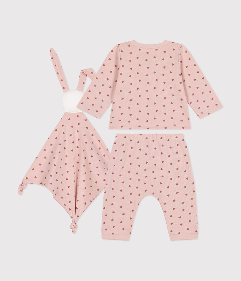 Babysetje met vestje, broek en knuffeldoekje van katoen roze/roze