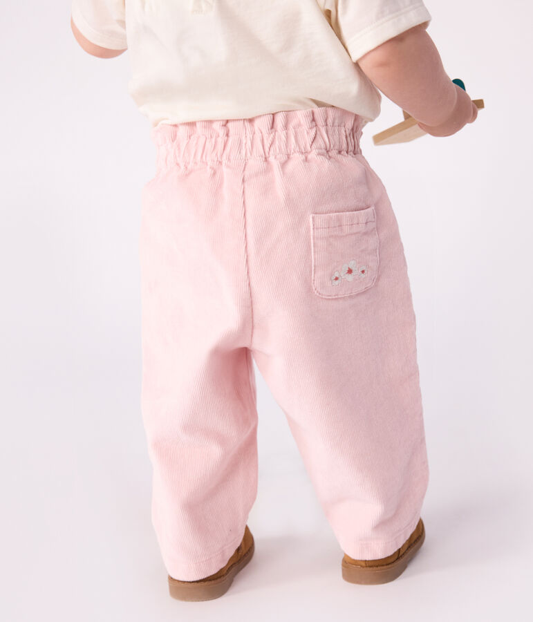 Pantalon b&eacute;b&eacute; en velours uni et poche arri&egrave;re brod&eacute;e rose