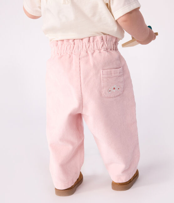 Pantalon bébé en velours uni et poche arrière brodée rose JOLI