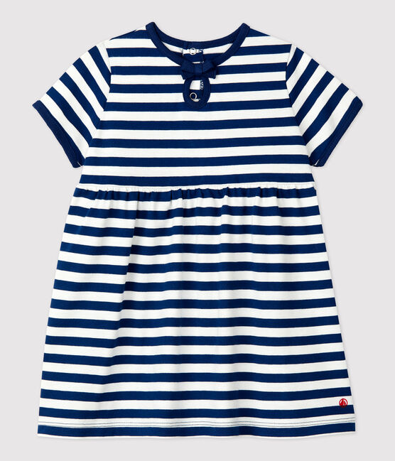 Gestreepte jurk met korte mouwen in jersey voor baby's blauw MEDIEVAL/wit MARSHMALLOW