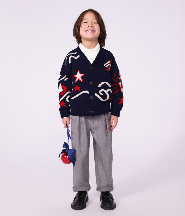 Cardigan enfant en laine et coton &agrave; motifs rouge/multicouleur