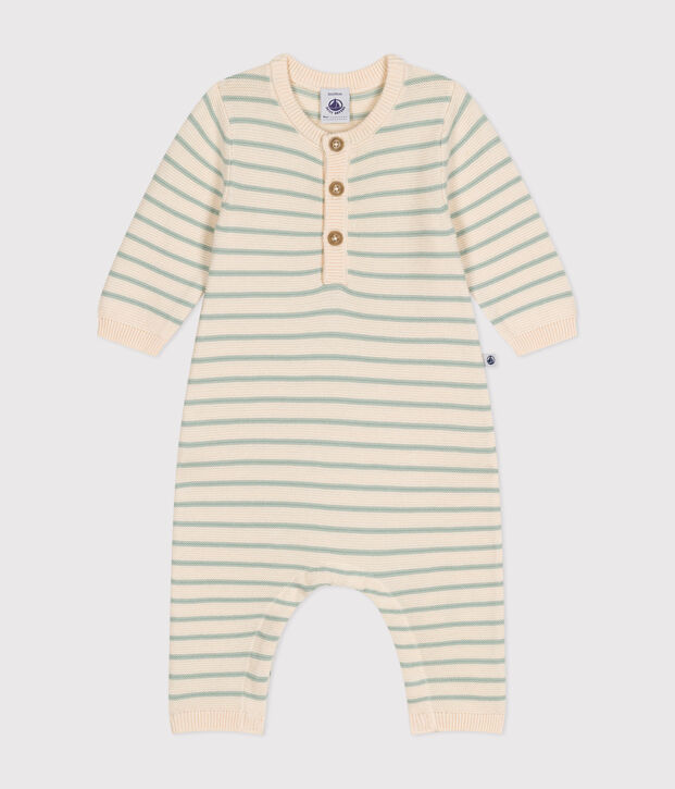 Combinaison longue en tricot b&eacute;b&eacute; &eacute;cru/vert