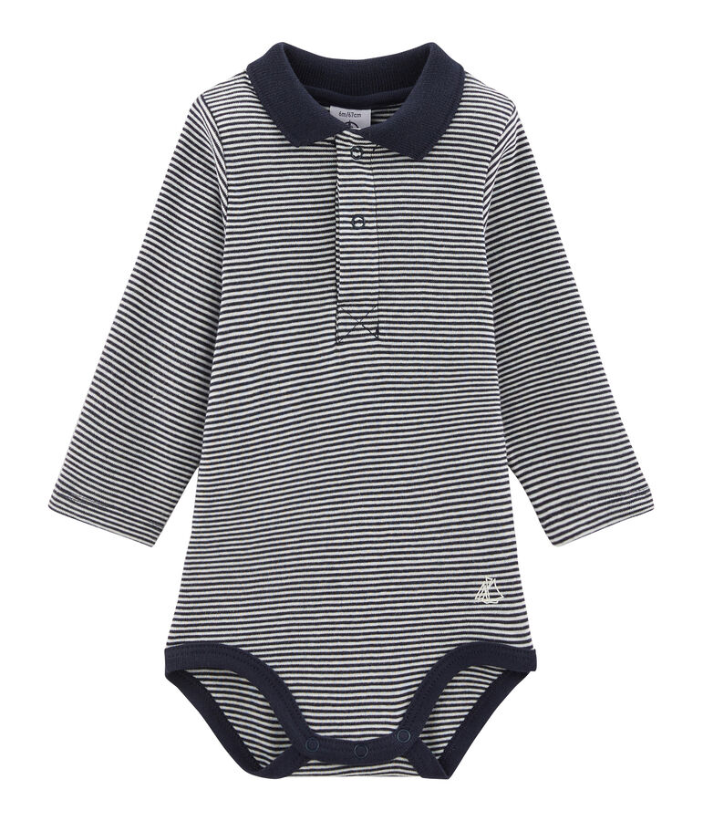 Body manches longues avec col polo b&eacute;b&eacute; gar&ccedil;on bleu/blanc
