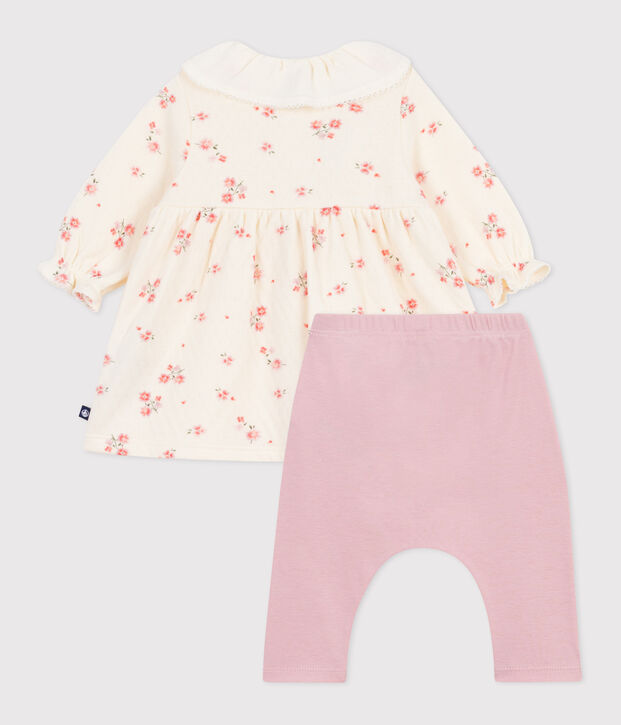 Babyjurkje met kraag en bloemenprint en legging van katoen ecru/multicouleur