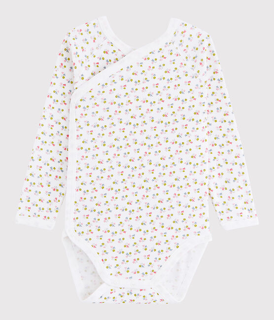 Rompertje gekruist lange mouwen babymeisje wit MARSHMALLOW/wit MULTICO