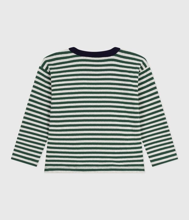 Tee-shirt enfant manches longues en coton ray&eacute; vert/beige/vert
