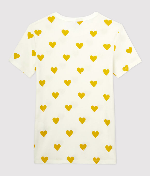 Katoenen Dames t-shirt met ronde hals en hartjes wit/geel