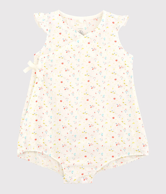 Combicourt fleuri bébé fille en tubique chaine et trame en coton biologique blanc MARSHMALLOW/blanc MULTICO