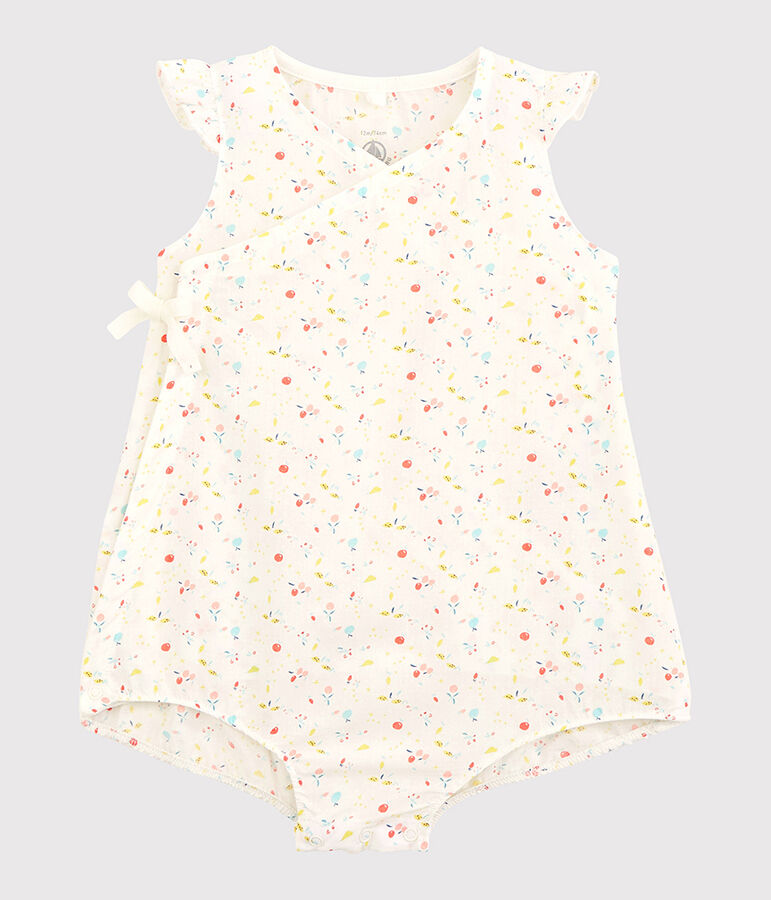 Combicourt fleuri b&eacute;b&eacute; fille en tubique chaine et trame en coton biologique blanc MARSHMALLOW/blanc MULTICO