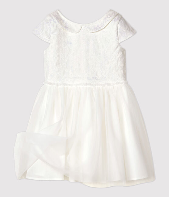 Robe cérémonie en jacquard et tulle enfant fille blanc MARSHMALLOW