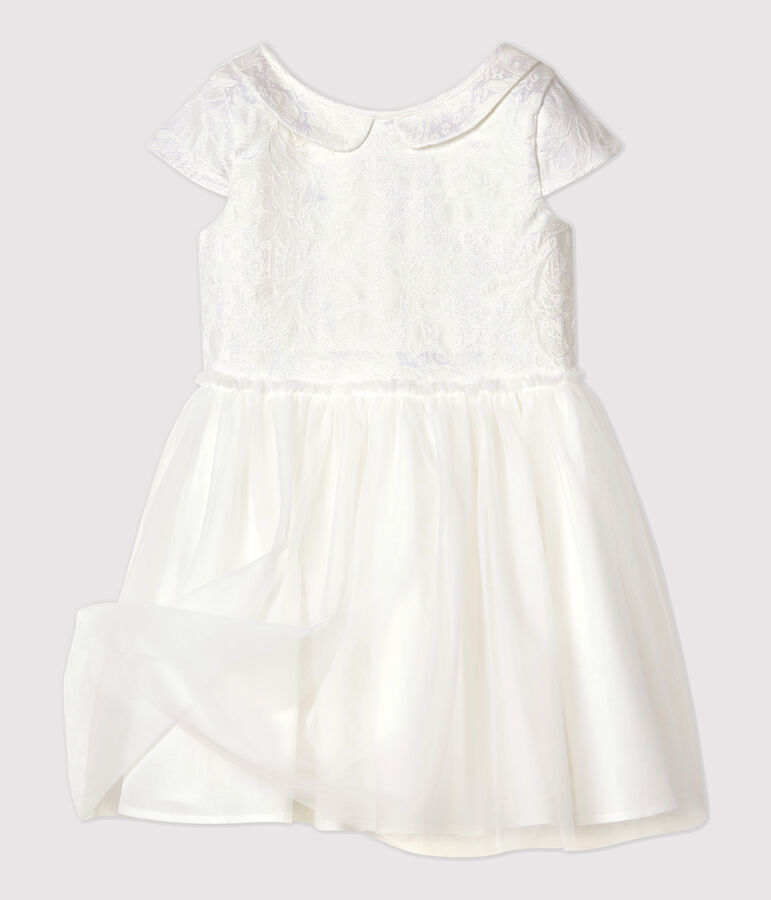 Robe c&eacute;r&eacute;monie en jacquard et tulle enfant fille blanc MARSHMALLOW