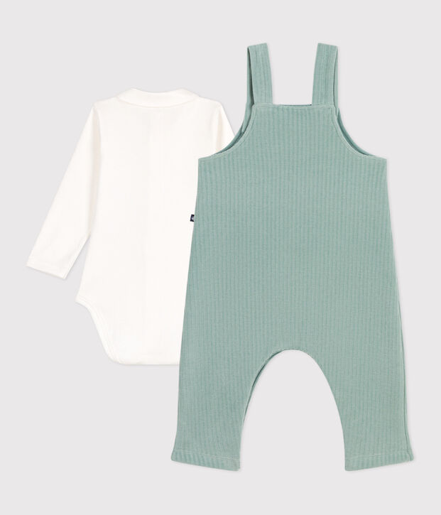 Ensemble naissance salopette et body brod&eacute; en coton vert