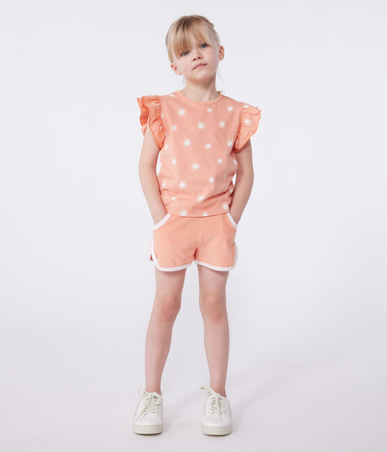 Katoenen T-shirt met korte mouwen en print voor kinderen oranje ABRICOT/ MARSHMALLOW