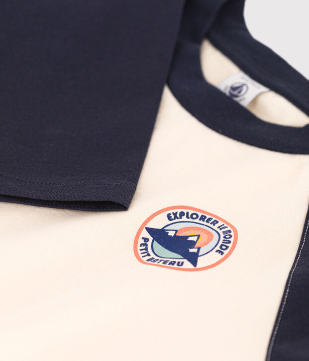 Jongens-T-shirt met lange mouwen ecru/blauw