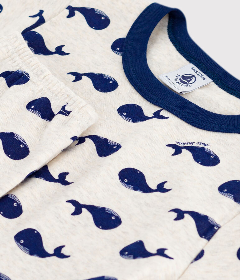 Katoenen kinderpyjama met korte mouw en lange pijpen met print beige/blauw