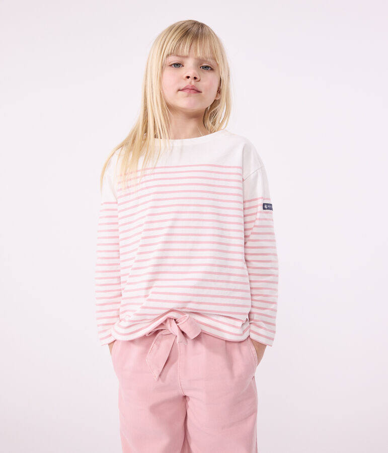 Teeshirt marini&egrave;re enfant en coton manches longues blanc/rose