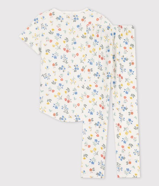 Meisjespyjama met korte mouwen en bloemenprint in katoen wit MARSHMALLOW/wit MULTICO