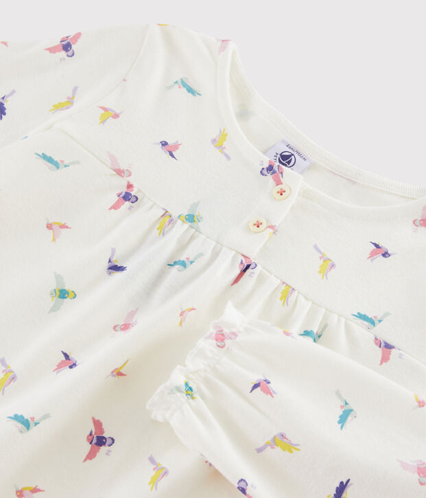 Meisjespyjama met vogelprint van ribtricot wit/multicouleur