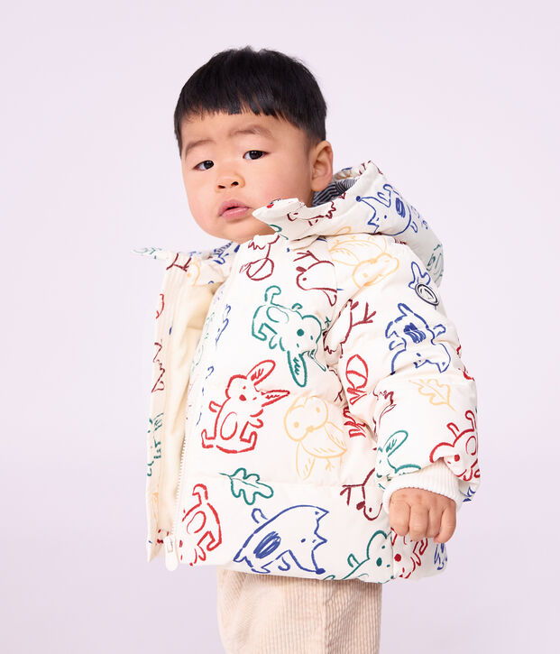Donsjack van polyester met dierenprint voor baby's ecru/multicouleur