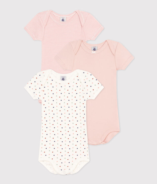 Lot de 3 bodies manches courtes mini c&oelig;urs en coton b&eacute;b&eacute; multicouleur