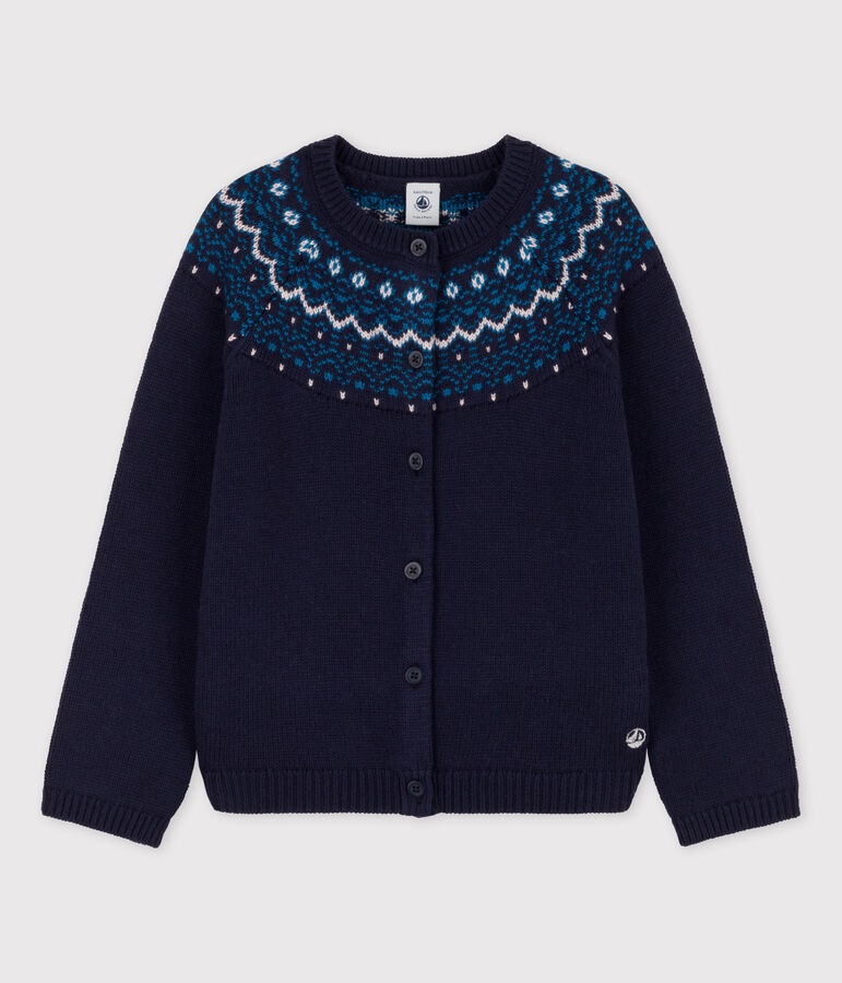 Cardigan laine et coton enfant fille bleu/multicouleur