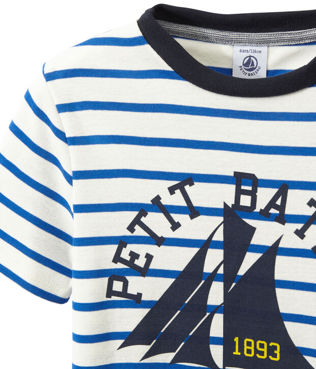 Gestreept jongens-T-shirt met opdruk wit/blauw