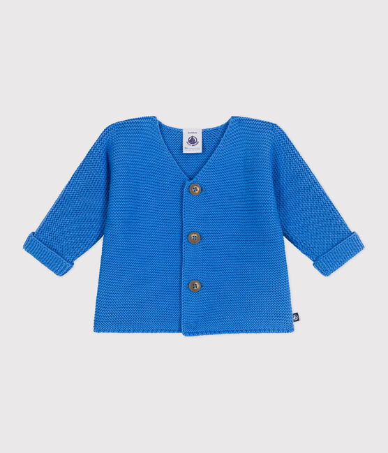 Cardigan bébé tricot point mousse en coton bleu EDNA