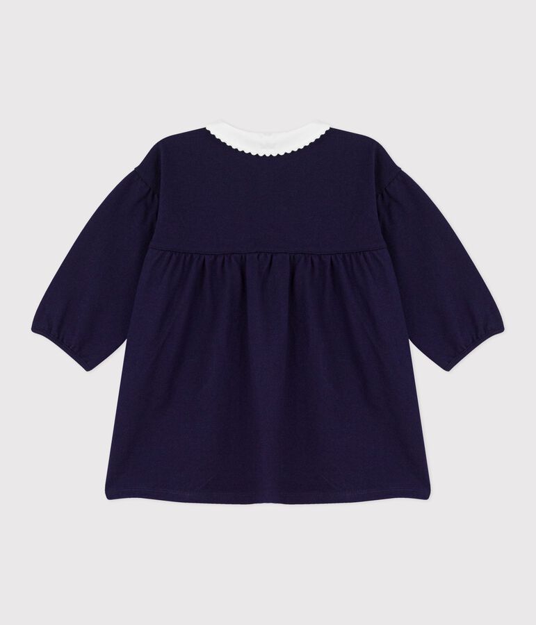 Robe b&eacute;b&eacute; en coton manches longues unie &agrave; col et d&eacute;tails brod&eacute;s bleu