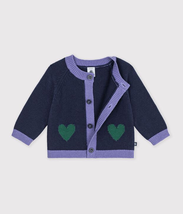 Babyvestje van gebreide wol en katoen met ingeweven hartjesmotief blauw/multicouleur
