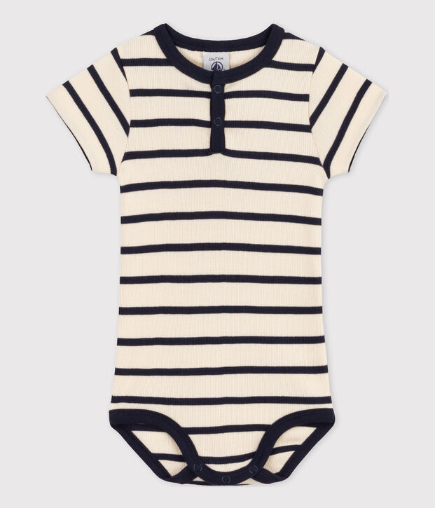 Body manches courtes b&eacute;b&eacute; en maille c&ocirc;tel&eacute;e ray&eacute;e &eacute;cru/bleu