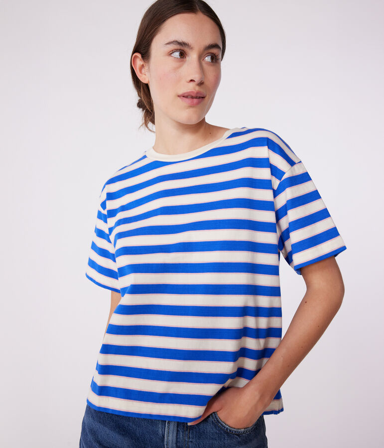 Gestreept katoenen T-shirt voor dames Le Boxy ecru/multicouleur