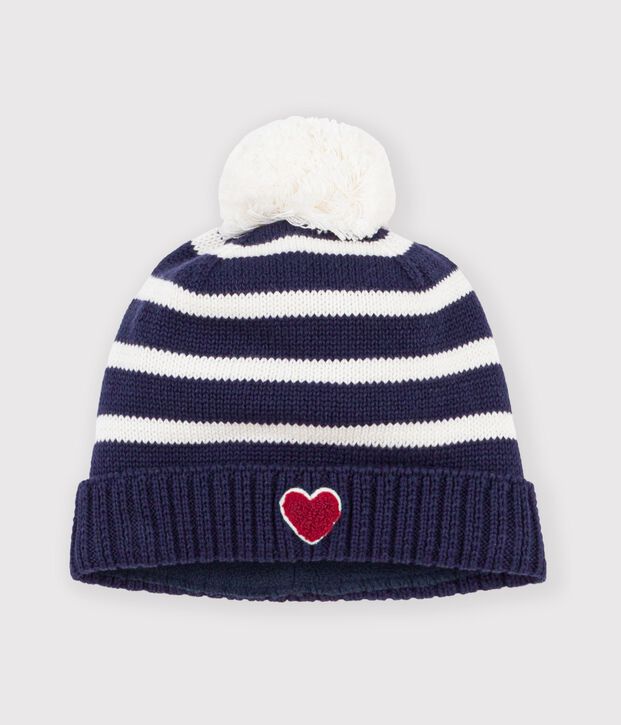 Bonnet b&eacute;b&eacute; &agrave; rayures en tricot  doubl&eacute; polaire bleu/&eacute;cru