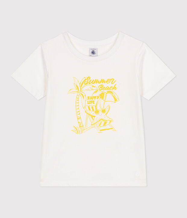 Tee-shirt enfant en coton manches courtes imprim&eacute; blanc/jaune