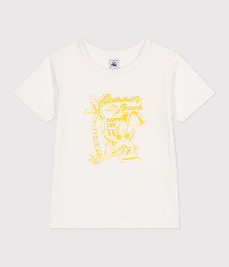 Katoenen T-shirt met korte mouwen en print voor kinderen wit/geel