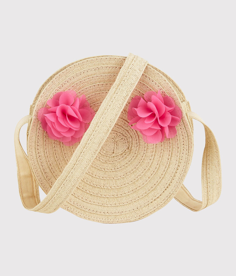 Sac rond en paille &agrave; bandouli&egrave;re enfant fille rose