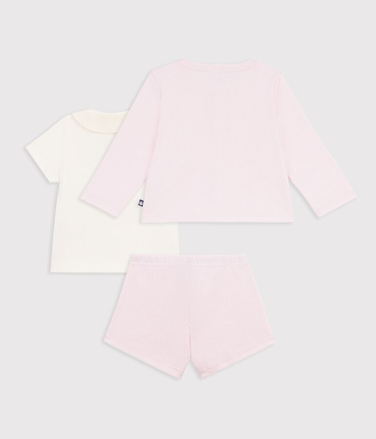Ensemble 3 pi&egrave;ces b&eacute;b&eacute; en coton avec broderies au col rose