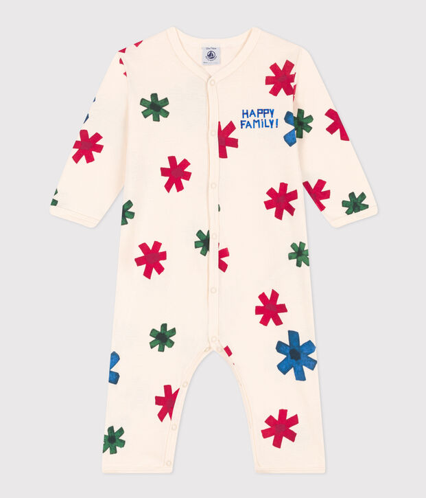 Katoenen babypyjama zonder voetjes met opdruk 'happy family' ecru/multicouleur
