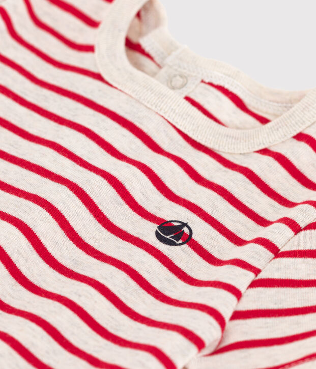 Katoenen T-shirt met korte mouwen en streepjes voor baby's beige/rood