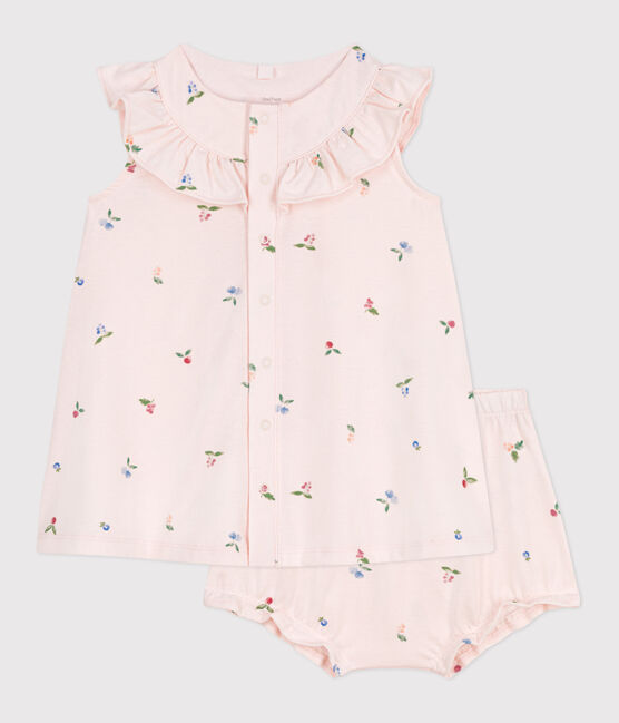 Katoenen babyjurkje met korte mouwen en bloomer met vruchtenprint roze FLEUR/wit MULTICO