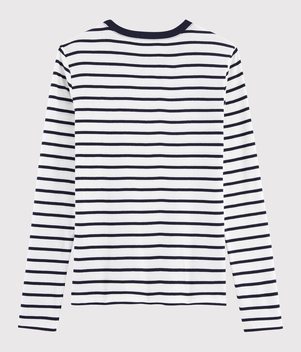T-shirt col rond iconique en coton Femme blanc/bleu